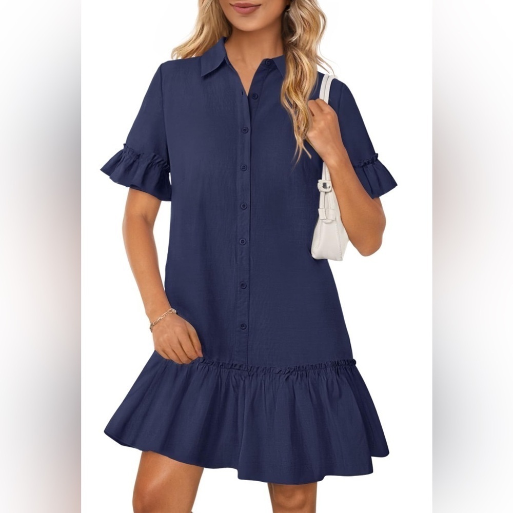 Merokeety Button Down Shirt Dress Ruffle Sleeve Shift Navy Blue Women Size S NWT